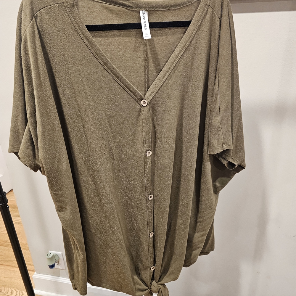 Olive Button-Down V-Neck Top